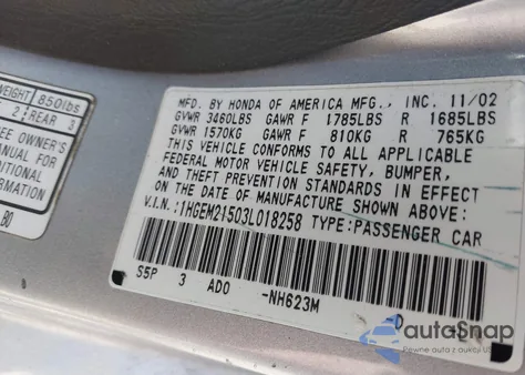 2003 Honda Civic Lx from USA, damaged, VIN 1HGEM21503L018258